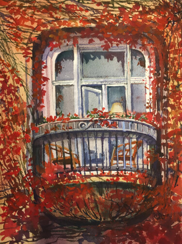 Painting titled "Autumn balcony. Hou…" by Natalia Veyner, Original Artwork, Watercolor