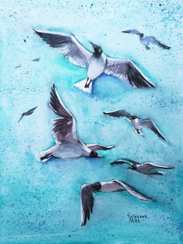 Malerei mit dem Titel "Seagulls. Seascape…" von Natalia Veyner, Original-Kunstwerk, Aquarell