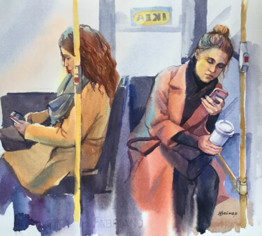 Painting titled "The bus to IKEA. Pe…" by Natalia Veyner, Original Artwork, Watercolor