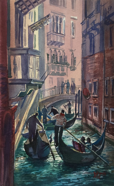 Malerei mit dem Titel "Gondoliers on the V…" von Natalia Veyner, Original-Kunstwerk, Aquarell