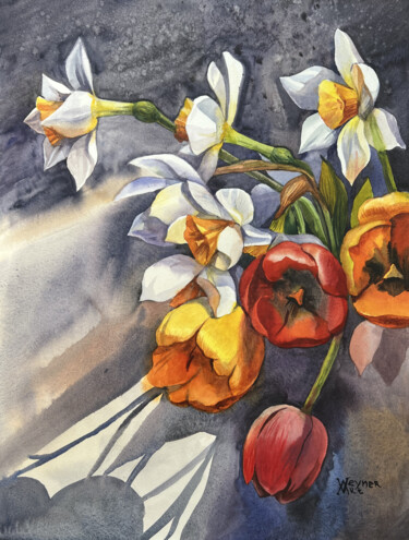 Painting titled "Tulips and daffodil…" by Natalia Veyner, Original Artwork, Watercolor