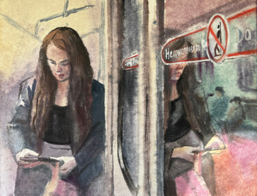 Painting titled "Do not lean on door…" by Natalia Veyner, Original Artwork, Watercolor