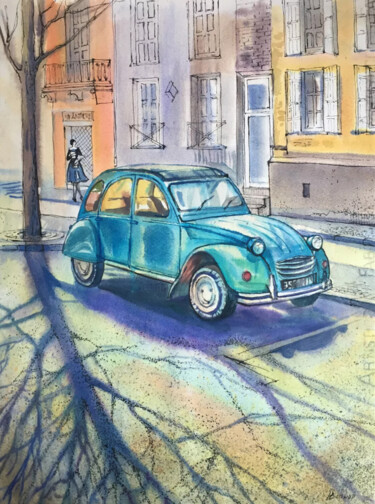 Painting titled "Retro car. Landscap…" by Natalia Veyner, Original Artwork, Watercolor