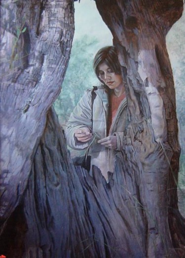 Painting titled "zeytin ağacı ve kız" by Veysel Kurucu, Original Artwork, Oil