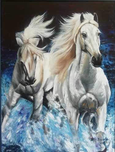 Painting titled "Кони" by Tatiana Vezeleva, Original Artwork, Oil Mounted on Wood Stretcher frame