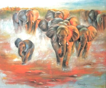 Картина под названием "Слоны счастья" - Татьяна Везелева, Подлинное произведение искусства, Масло Установлен на Деревянная п…