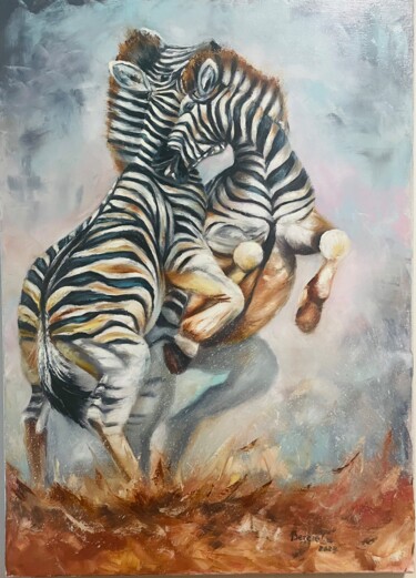 Painting titled "Танцующие зебры" by Tatiana Vezeleva, Original Artwork, Oil Mounted on Wood Panel