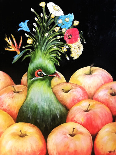 Картина под названием "Птичка в яблоках" - Вячеслав Биткин, Подлинное произведение искусства, Масло