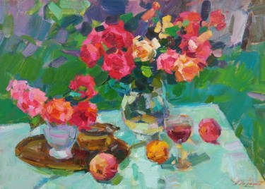 Painting titled "pink roses" by Viacheslaw Pereta, Original Artwork, Oil
