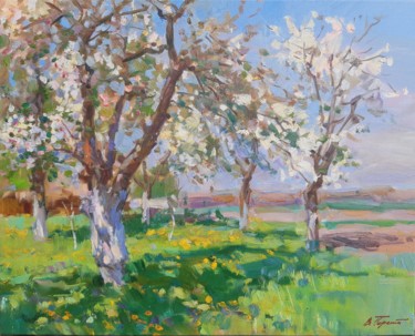 Painting titled "apple orchard" by Viacheslaw Pereta, Original Artwork, Oil