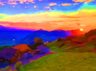 Digital Arts titled "Mountain Sunset" by Viajacobi, Original Artwork, Digital Painting