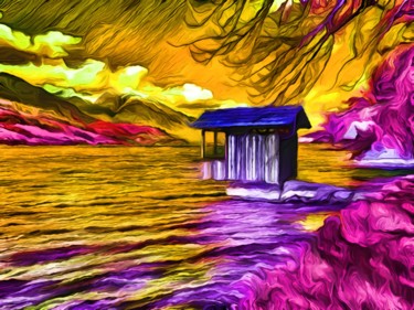 Digitale Kunst mit dem Titel "Hut in the Lake" von Viajacobi, Original-Kunstwerk, Digitale Malerei