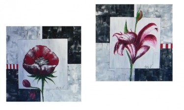 Peinture intitulée "Diptyque Fleurs 1" par Mariev, Œuvre d'art originale, Huile