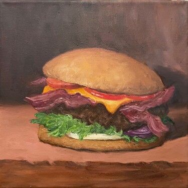Painting titled "Big Burger" by Victiria Shalayko, Original Artwork, Oil Mounted on Wood Stretcher frame