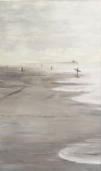 Schilderij getiteld "Manhattan Beach Pier" door Victo, Origineel Kunstwerk, Olie Gemonteerd op Frame voor houten brancard