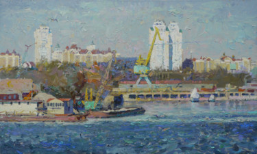 Painting titled "Harbor on the Dniep…" by Victor Onyshchenko, Original Artwork, Oil