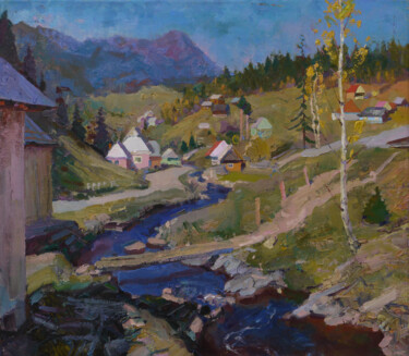 Painting titled "Landscape with a ri…" by Victor Onyshchenko, Original Artwork, Oil