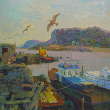 Pintura intitulada "Fishing village" por Victor Onyshchenko, Obras de arte originais, Óleo