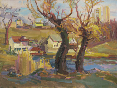 Painting titled "Willows near the la…" by Victor Onyshchenko, Original Artwork, Oil