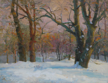 Painting titled "Winter in the wood" by Victor Onyshchenko, Original Artwork, Oil