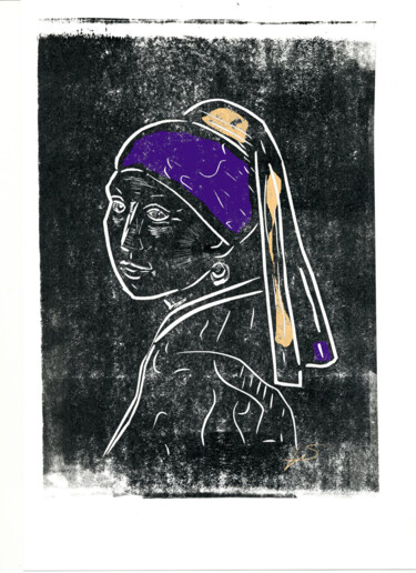 印花与版画 标题为“Girl with a Pearl E…” 由Victor Shefer, 原创艺术品, Linocuts
