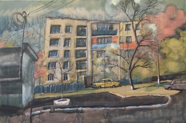 Painting titled "Yellow car" by Victor Ciobanu, Original Artwork, Watercolor Mounted on Other rigid panel