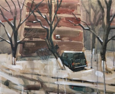 Painting titled "Winter Street" by Victor Ciobanu, Original Artwork, Watercolor Mounted on Other rigid panel