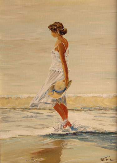 VENDIDO. Pintura al óleo chica en la orilla del mar Pittura intitolato "VENDIDO. Pintura al…" da Victoria Aranyo, Opera d'arte originale, Olio Montato su Barella di tela