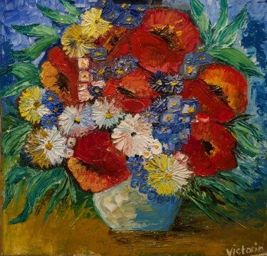 Schilderij getiteld "Happy Poppies" door Victoria Art, Origineel Kunstwerk, Olie