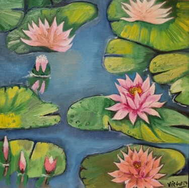Painting titled "Water Lilies" by Victoria Art, Original Artwork, Oil