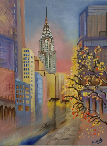 Painting titled "Fall in New York" by Victoria Art, Original Artwork, Oil