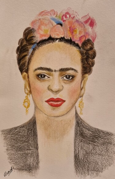 Drawing titled "Frida Kahlo" by Victoria Art, Original Artwork, Pencil