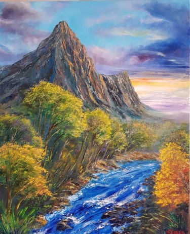 Painting titled "Mountain sunset." by Victoria Beko, Original Artwork, Oil