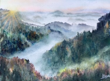Painting titled "Misty mountains" by Victoria Boyko, Original Artwork, Watercolor