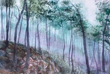 Painting titled "Misty forest" by Victoria Boyko, Original Artwork, Watercolor