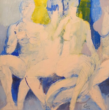 Painting titled "Figures" by Victoria Cozmolici, Original Artwork, Oil Mounted on Wood Stretcher frame