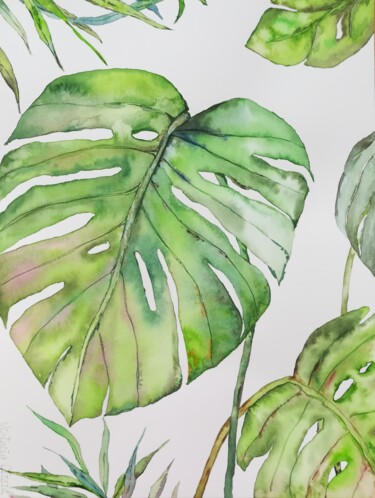 Pintura intitulada "Feuilles tropicales" por Victoria Girerd, Obras de arte originais, Aquarela