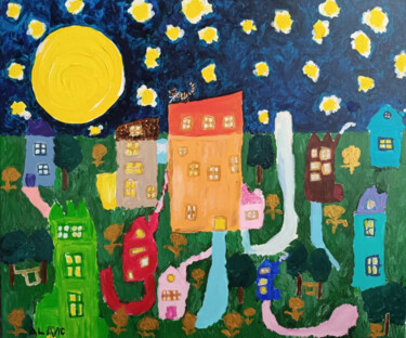 Картина под названием "La ville pendant la…" - Victoria Girerd, Подлинное произведение искусства, Акрил Установлен на Деревя…