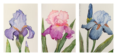 Malerei mit dem Titel "Les Iris, Set de 3…" von Victoria Girerd, Original-Kunstwerk, Aquarell