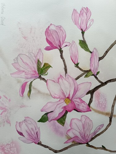 Pintura intitulada "Magnolia" por Victoria Girerd, Obras de arte originais, Aquarela