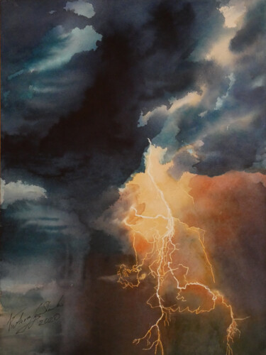 Schilderij getiteld "Lightning storm" door Victoria Lyashenko, Origineel Kunstwerk, Aquarel