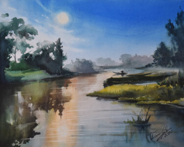 Painting titled "Morning river" by Victoria Lyashenko, Original Artwork, Watercolor