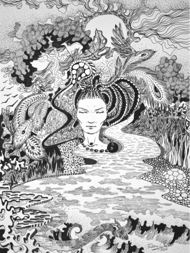 Disegno intitolato "Mother Nature" da Victoria Lyashenko, Opera d'arte originale, Inchiostro