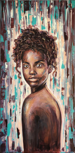 Schilderij getiteld "Bronze Girl" door Victoria Mk, Origineel Kunstwerk, Acryl Gemonteerd op Frame voor houten brancard
