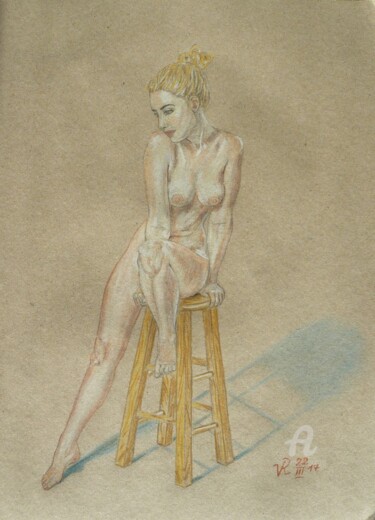 Tekening getiteld "Nackte Frau auf dem…" door Victoria Richters, Origineel Kunstwerk, Conté