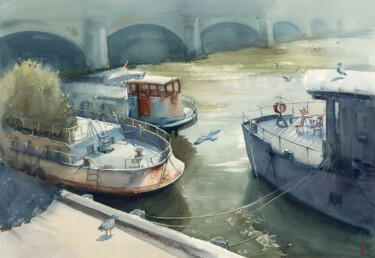 Peinture intitulée "Pier in Paris" par Victoria Sevastyanova, Œuvre d'art originale, Aquarelle