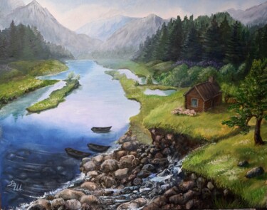 Painting titled "The Mountain River" by Victoria Shevchenko, Original Artwork, Oil