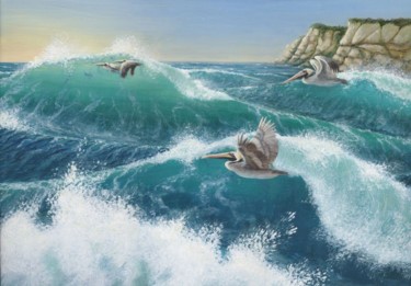 Painting titled "Surf's Up! Pelicans…" by Victoria Armstrong, Original Artwork
