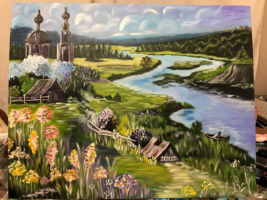 Painting titled "Родная деревня" by Viktoriia Deriugina, Original Artwork, Acrylic