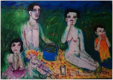 Painting titled "Le déjeuner sur l'h…" by Victorine Follana, Original Artwork, Acrylic Mounted on Other rigid panel